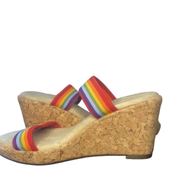 Apostrophe cork Wedge Sandals with Rainbow Elastic Straps Size 6M - Picture 4 of 10